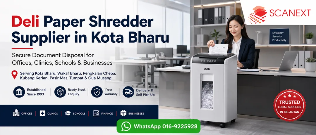 Deli paper shredder supplier in Kota Bharu by Scanext Solution for office, school, clinic, finance, and business document disposal