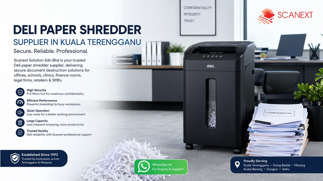 Deli paper shredder supplier in Kuala Terengganu by Scanext Solution for office school clinic finance room and SME use