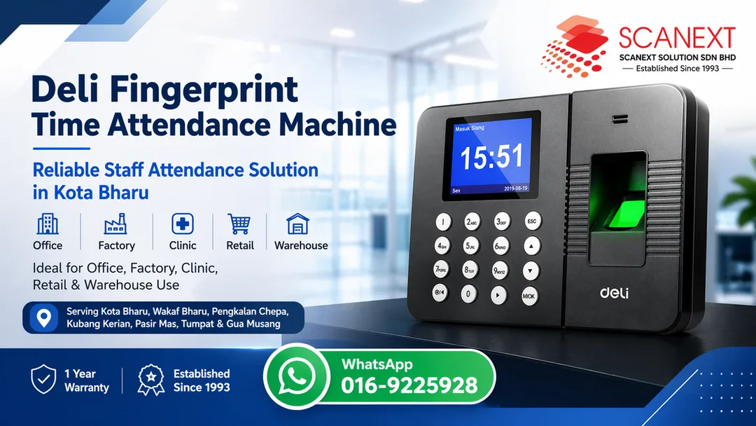 Deli thumbprint time attendance fingerprint machine supplier in Kota Bharu by Scanext Solution for office, factory, clinic, warehouse, retail, and business attendance recording