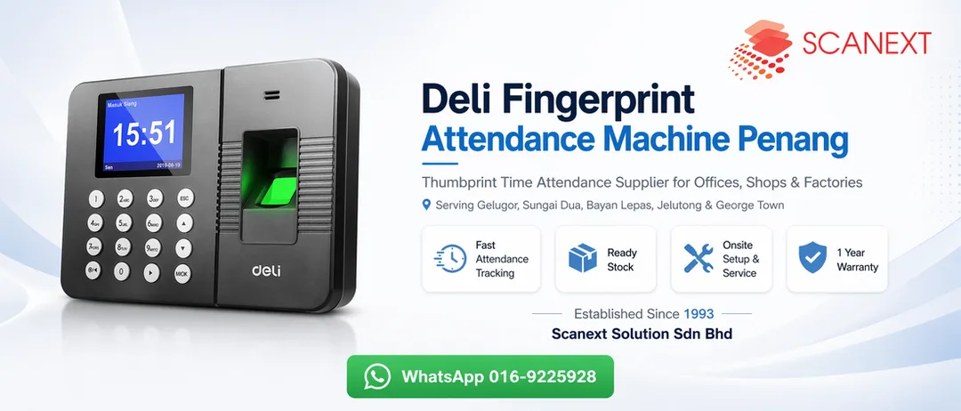 Deli thumbprint time attendance fingerprint machine supplier in Penang by Scanext Solution for office staff clock in system
