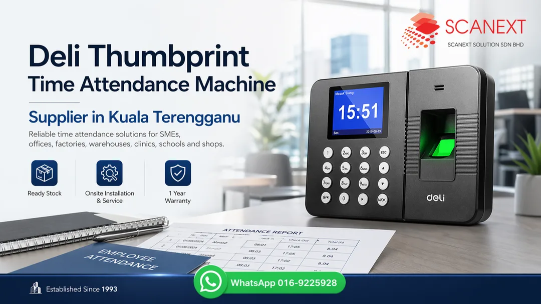 Deli thumbprint time attendance machine supplier in Kuala Terengganu by Scanext Solution for office factory shop clinic warehouse and SME use