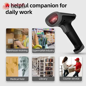 Deli ES226 1D barcode scanner connected to computer at office cashier counter