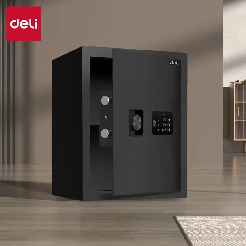 Malaysia Malay female using Deli ET535 digital safe box in small office with Scanext logo
