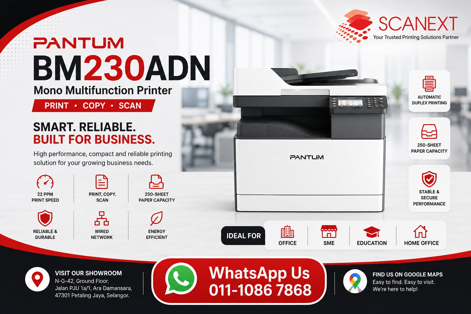 Pantum BM230ADN Mono Multifunction Laser Printer Scanext Petaling Jaya