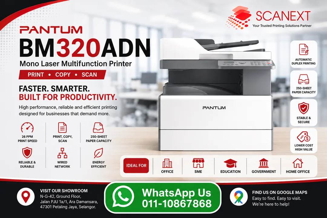 Pantum BM320ADN A3 Mono Laser Multifunction Printer Front View - Scanext Sdn Bhd Ara Damansara