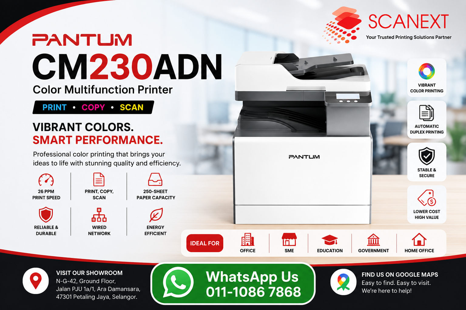 Pantum CM230ADN A3 Color Laser Multifunction Printer with 4.3-inch touch screen and RADF at Scanext Sdn Bhd showroom