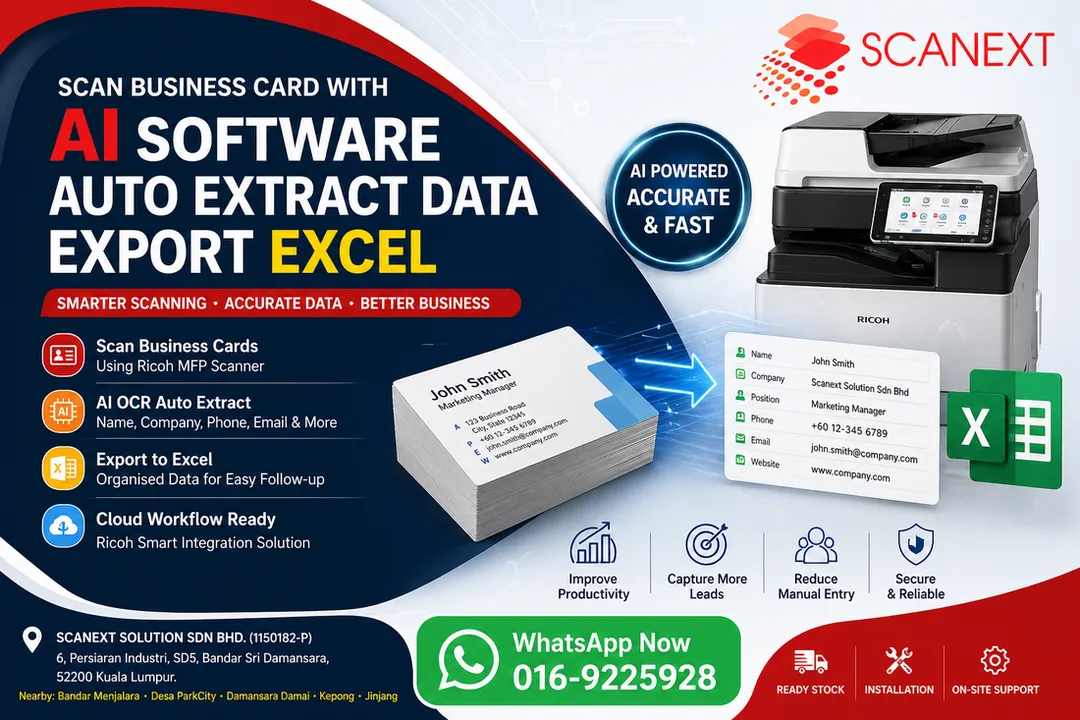 Scan Business Card with AI OCR Software Export Excel using Ricoh Smart Integration at Scanext KL Bandar Sri Damansara