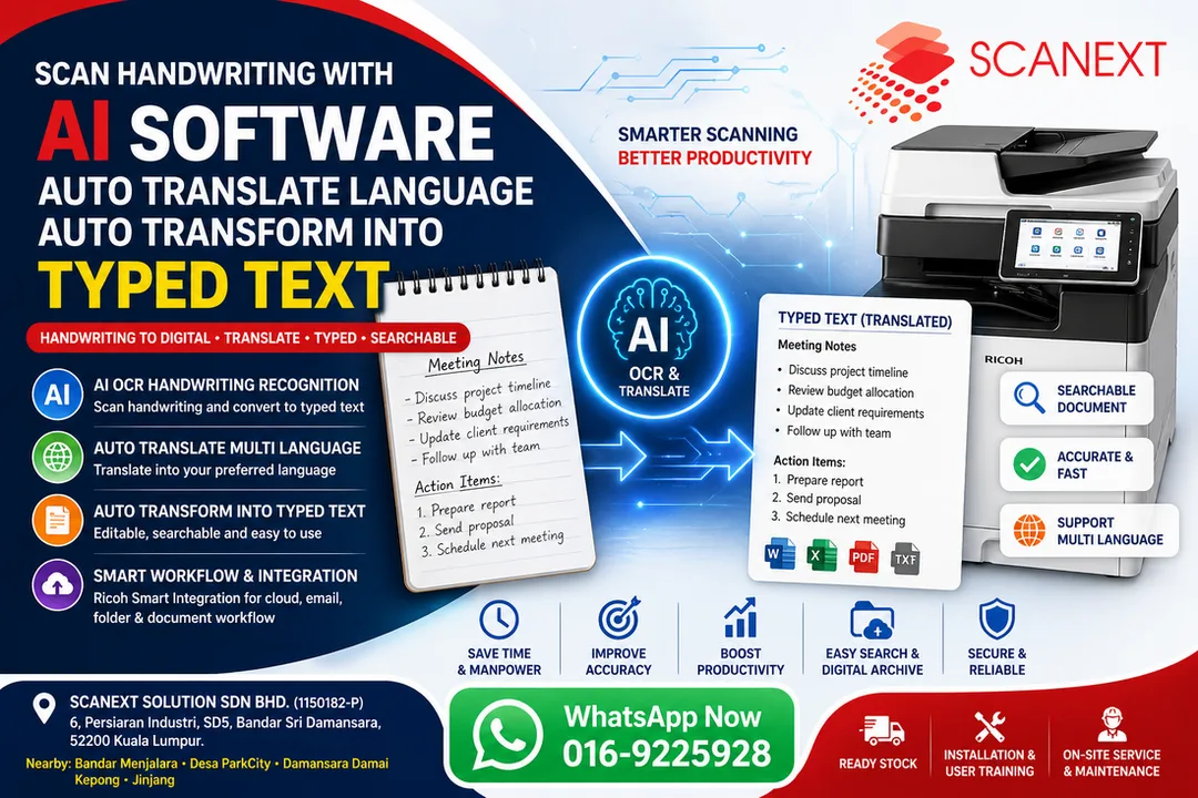 Scan Handwriting with AI OCR Software Auto Translate Language Transform into Typed Text Ricoh Smart Integration Scanext KL