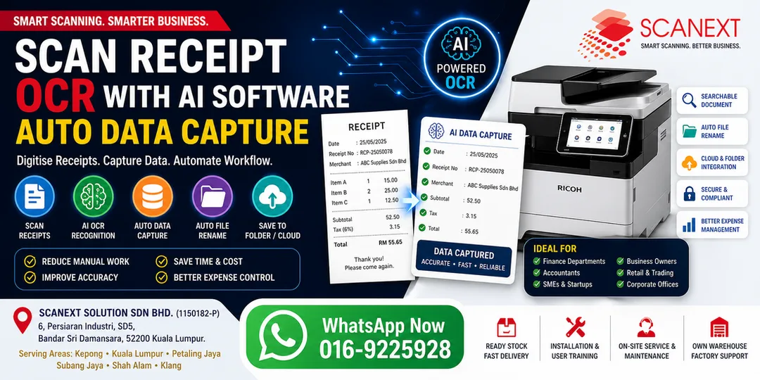 Scan Receipt OCR AI Software Auto Data Capture Ricoh Smart Integration Scanext KL