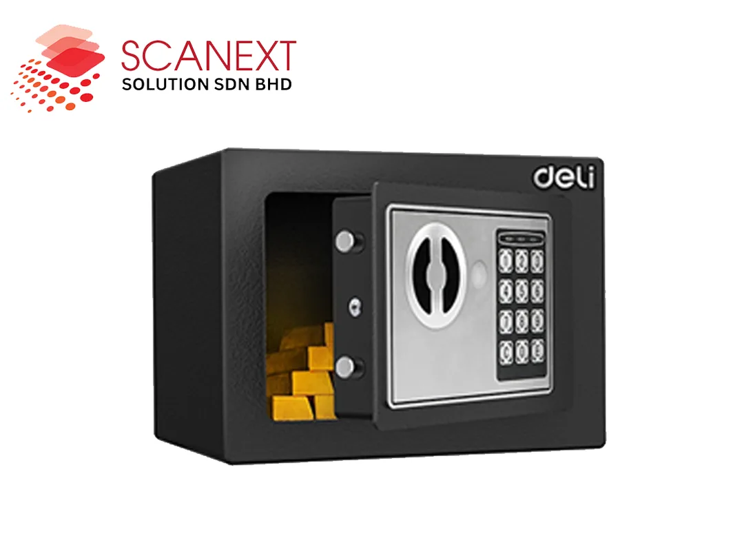 Safe box for secure storage of valuables and documents, ideal for office or home use