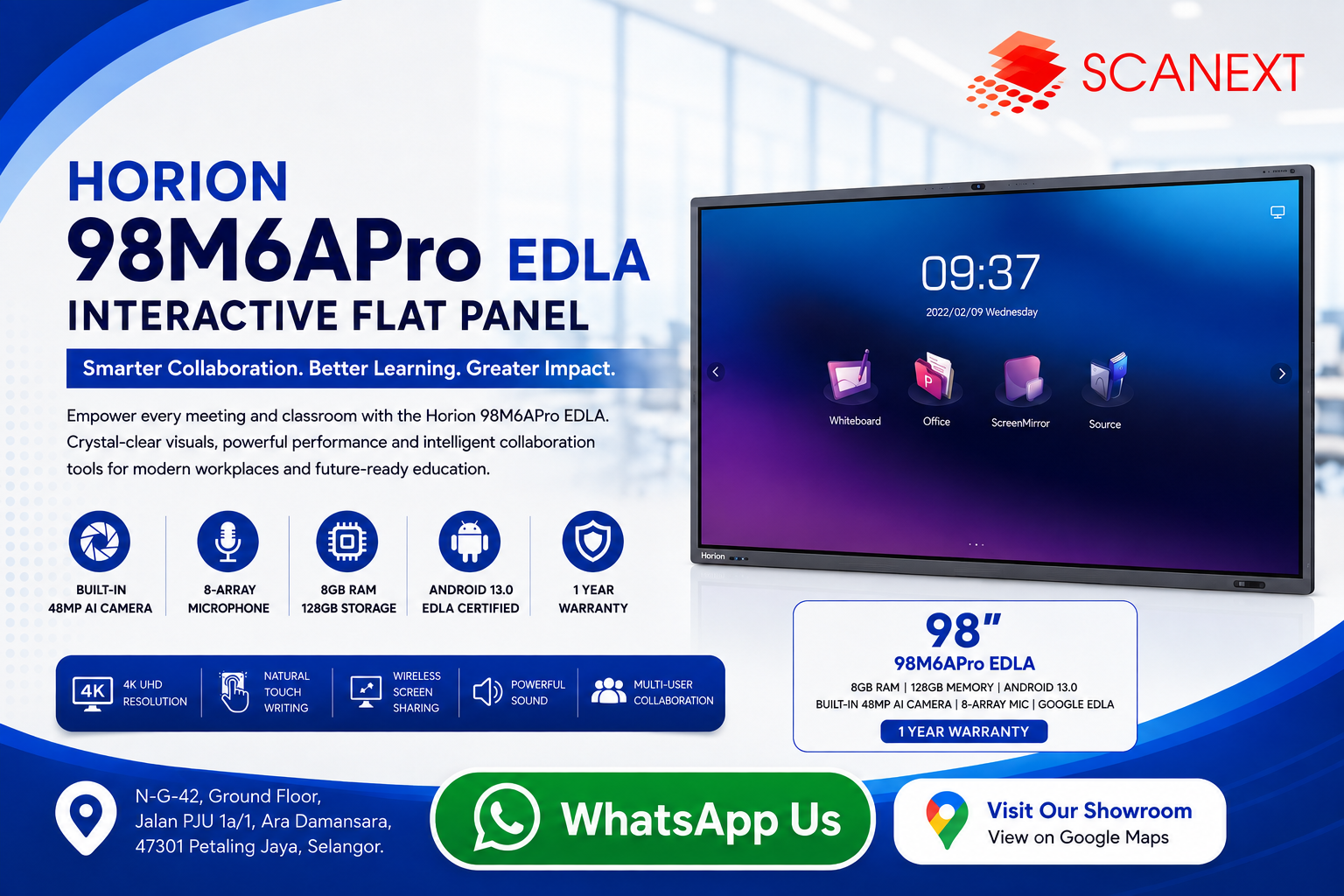 Horion 98M6APro EDLA 98 inch 4K Interactive Flat Panel Display by scanext Sdn Bhd