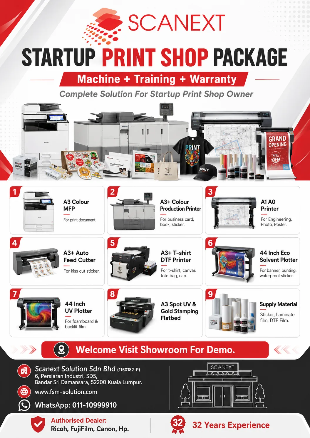 Startup print shop machine package Malaysia with A3 colour MFP, A3+ production printer, A1 A0 printer, sticker cutter, DTF printer, eco solvent plotter, UV plotter, spot UV gold stamping flatbed, supply materials, training and warranty by Scanext Solution Sdn Bhd Kuala Lumpur.